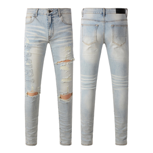 Jeans de Hombre de Alta Calidad, Diseño Desgastado, Estilo Vintage, Ajustados, Color Azul, Pantalones de Mezclilla - Product Image 3