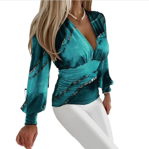 Top da donna con scollo a V stampato carino con maniche a lanterna alla moda, <span class=keywords><strong>camicetta</strong></span> a maniche lunghe per la stagione autunnale, stile chic - Product Image 1