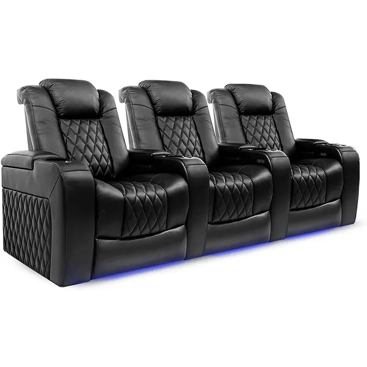 שחור סרט קולנוע ישיבה פרטי עור VIP בית קולנוע מושב ספה יוקרה חשמלי בית קולנוע שכיבה ספה עם מחזיק כוס