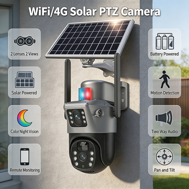 OEM 8MP 4K Outdoor Wireless WiFi 4G Sim Card Solar CCTV Security IP PTZ Camera with Dual Lens and Solar Panel Battery Powered