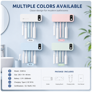 ที่วางแปรงสีฟันฆ่าเชื้อ UVC แบบติดผนัง 5 ช่อง พร้อมแบตเตอรี่แบบชาร์จได้ 2000mAh สำหรับใช้ในห้องน้ำในบ้าน - Product Image 6