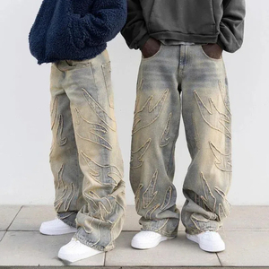 MZN мужские высококачественные хлопковые джинсы с логотипом на заказ Y2K вышивка нашивка винтажные вымытые рваные узкие заклепки в стиле хип-хоп - Product Image 3