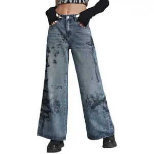 Manufacturers Custom Women Girls 100% Cotton Baggy Pants Mid Waist Splash Ink Wide Leg Oversized Jeans Boyfriend Style