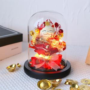 Chat porte-bonheur en fleurs préservées sous cloche en verre, <span class=keywords><strong>Maneki</strong></span>-<span class=keywords><strong>neko</strong></span> avec éclairage LED, arrangement floral éternel, cadeau pour l'inauguration - Product Image 4