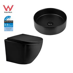 Europäische Sanitär keramik komplette Wand halterung WC Badezimmer Keramik mattschwarz Farbe Hand waschbecken Waschbecken und Wandbehang WC-Set