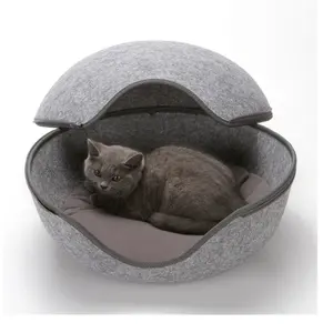 可拆卸毛毡猫屋透气小猫帐篷洞穴灰色可洗床睡篮，带小宠物垫垫