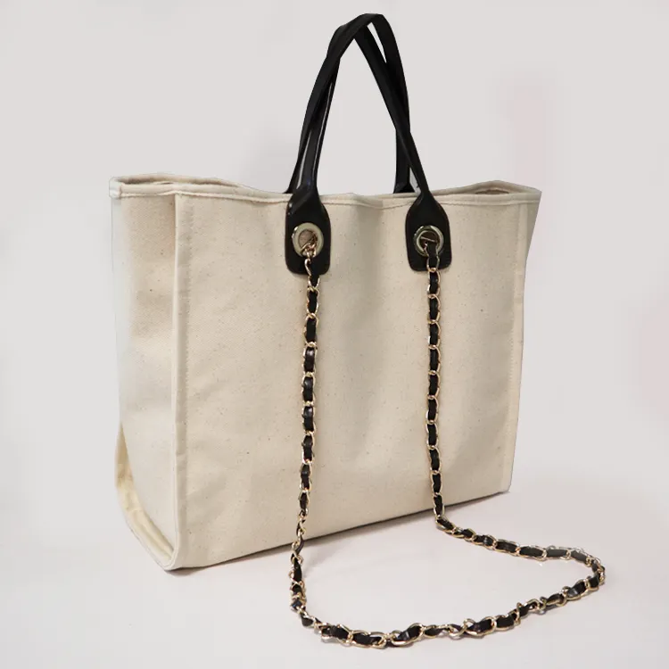 Designer Chain Shoulder bag Ladies Handbag Blank Extra Large Canvas Tote Bag with Leather Handle and Inside Pockets