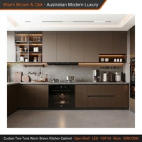 Meuble de cuisine moderne en marbre artificiel écologique australien, deux tons, chêne brun chaud, étagère ouverte, LED, panier de tiroir souple E0