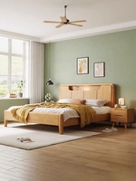 Lit King Size Moderne Style Nordique en Bois Massif Sculpté à la Main avec Rattan et Fonction de Rangement Relevable pour Chambre Parentale