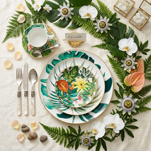 <span class=keywords><strong>Service</strong></span> de table de luxe en or véritable motif feuille tropicale, assiette de présentation en céramique jungle en <span class=keywords><strong>porcelaine</strong></span> fine, tasse à café et bol en <span class=keywords><strong>porcelaine</strong></span> pour événements hôteliers - Product Image 1