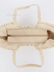 Sac de plage et de loisirs pour femme Tanjing en corde de papier tressée creuse, grande capacité, avec deux poignées et fermeture éclair - Product Image 3