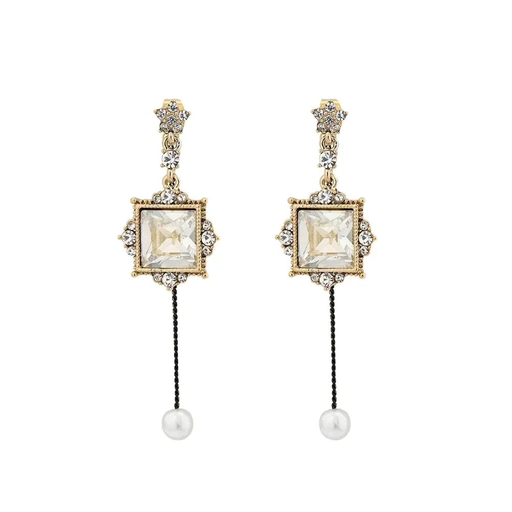 Neoglory Vintage Square Crystal Synthetic Pearl Drop Earrings Double Sided Earrings For Women