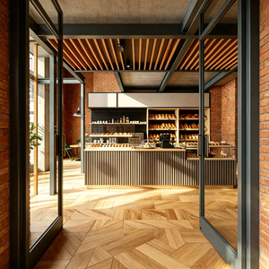 Cafetería y panadería moderna con mostrador y vitrina para pan integrada - Product Image 2