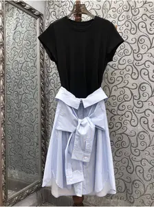 100% コットンドレス2024サマーファッションロングTシャツドレス女性ストライププリントパッチワーク半袖ミッドカーフホワイトブラックドレス