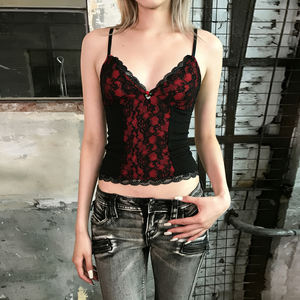 Débardeur Y2K Gothique en Dentelle Sombre à Motif Floral Col V pour Femme – Top Sexy en Maille Extensible à Contraste de Couleurs, Décontracté et Respirant - Product Image 4