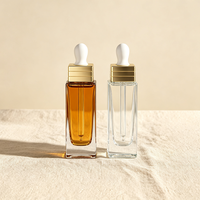 Flacon en verre rectangulaire de luxe 30 ml avec pipette compte-gouttes et anneau doré pour sérum facial, emballage de produits de beauté et de soins de la peau, OEM