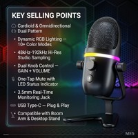 Microphone de jeu RGB ME5 Pro avec plus de 10 modes de couleur, micro de studio USB Type-C avec surveillance en temps réel et fonction mute pour YouTube Twitch
