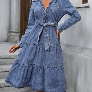 Vestido Midi Vaquero Lavado con Cinturón, Solapa y Volantes en Capas, Personalizado para Mujer - Product Image 2