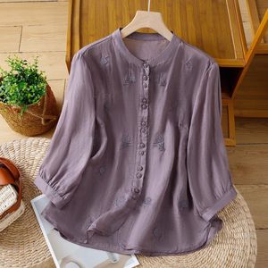 Women's Linen Shirt With Embroidered Flowers Three Quarter Sleeve Stand Up Collar Retro Loose Fit For Everyday Wear - Product Image 4