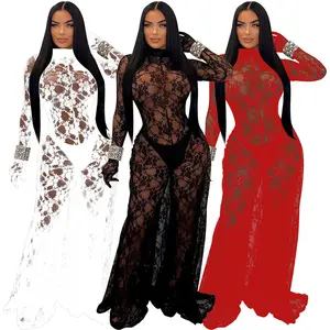 Dress Style Jumpsuit Women 2024 Fashion Lace See Through Embroidery Sexy Party Club One Piece Suit Long Sleeve Rompers Playsuits