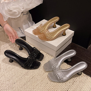 Sandalias de Tacón Alto con Punta Cuadrada de PVC para Mujer, Sandalias con Correa en el Tobillo, Doradas, Plateadas, Negras, Cómodas, de Moda para Exteriores, Zapatos de Verano - Product Image 2