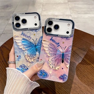 เคสโทรศัพท์ลายผีเสื้อเลนส์เพชร IMD สีฟ้า สำหรับ iPhone 17Air 16plus 15promax 14 13 12 11 ลายดอกไม้ ฝาหลัง ขายส่ง - Product Image 1