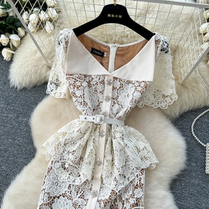 Vestidos de encaje con aberturas y manga corta, elegantes y con diamantes, estilo francés para mujer - Product Image 2