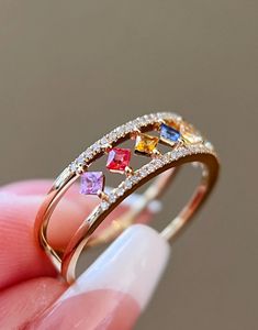 Bague en or pur 18 carats Xinfly Luxury avec diamants et saphirs multicolores, pierre naturelle - Product Image 5