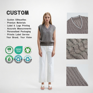 เสื้อกั๊กสเวตเตอร์ถักผ้าลินินคอวีแขนกุดสำหรับผู้หญิงเสื้อกล้ามแบบถักมีรู - Product Image 1