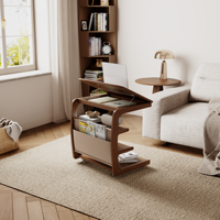 Table d'appoint en bois massif à 4 niveaux en forme de C avec 2 roulettes verrouillables et sac de rangement, mobilier de salon moderne du milieu du siècle BJ014