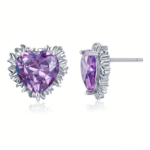 Pendientes de tuerca de amatista con corte de corazón, aleación chapada en plata, regalo de joyería romántica para mujer - Product Image 3