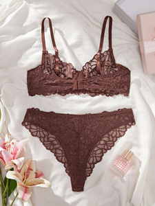 Brown Floral Lace Underwire Bra and Thong <b>Set</b> Womens <b>Sexy</b> Sheer Mesh Intimates Lingerie <b>Set</b> Elegant Underwear <b>Set</b> OEM ODM - Product Image 3