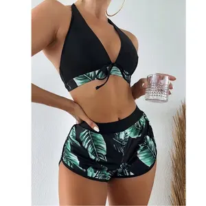 2022 Hot Groothandel Retro 3Pcs Bikini Set String Bikini Met Shorts Drie Stukken Badpak Bladeren Print Vrouwen 3 Stuk badmode