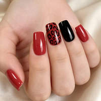 Vente en gros de faux ongles personnalisés à étiquette privée, imprimés léopard rouge et noir, longs, carrés, brillants