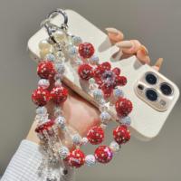 Breloque de téléphone perlée en strass à motif floral rouge, pendentif de sac artisanal lourd, cordon de poignet, cadeau bijoux pour femme