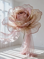 Rose géante en organza rose poudré avec longues franges en tulle, fleur artificielle faite à la main pour mariage et vitrine de boutique de vêtements