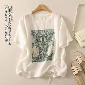 White Cotton <b>Linen</b> Printed Short Sleeve <b>Top</b> With Drawstring Loose Fit Casual Women's <b>Plus</b> <b>Size</b> Summer T-Shirt - Product Image 1