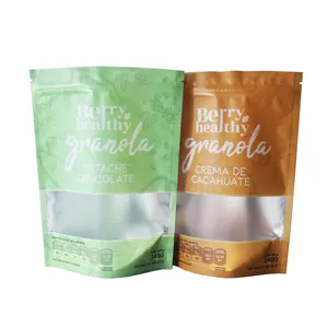 Customized size food grade foil laminated material plastic stand up zipper bag with see through window for granola