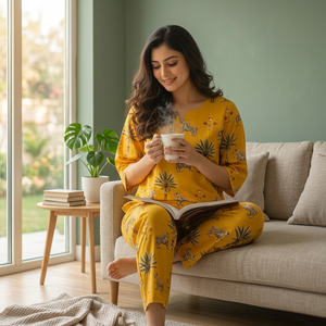 Conjunto de Pijama de Algodón con Estampado de Leopardo Color Mostaza para Mujer, Top Corto sin Mangas con Pantalones de Corte Regular de Secado Rápido - Product Image 3