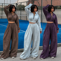 Ensemble de survêtement deux pièces pour femme, style euro-américain, à paillettes, comprenant un sweat à capuche court à demi-zip et un pantalon taille haute à jambes larges, vêtements de sport