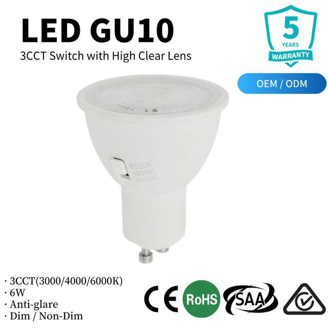 3CCT Selectable LED GU10 Bulb 5W Spotlight 100lm/W High Efficacy Anti-Glare Lens SAA CE RoHS Factory 5-Year Warranty