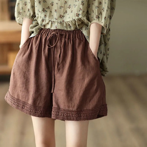 Women's Cotton Linen Shorts Burnt Yellow Crochet Hem <b>Drawstring</b> Waist Casual Summer Pants With Pockets Breathable Mid Waist - Product Image 2