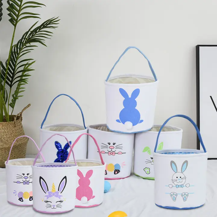 O231 Konijn Staart Cartoon Dier Vakantie Gedrukt Canvas Carry Snoep Eieren Tas Sequin Bunny Pasen Mand