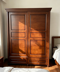 Armario Espacioso con Puertas Corredizas de Madera Maciza y Cajones, Armario de Almacenamiento de Ropa para Dormitorio, Estilo Retro Nogal - Product Image 1