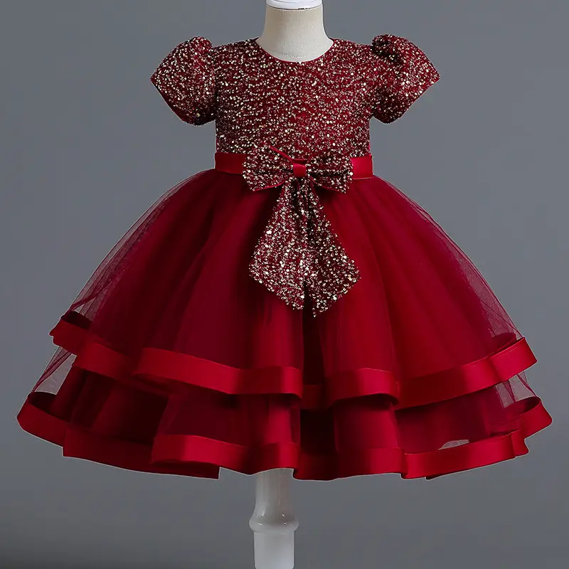 New Children's Dress Children's Dress Bubble Sleeve Satin Super Westernized Little Girl Piano Ball Performance Dress
