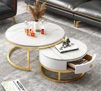 Meubles de salon modernes, table à thé avec rangement, canapé central à armature en métal doré, table basse ronde en marbre