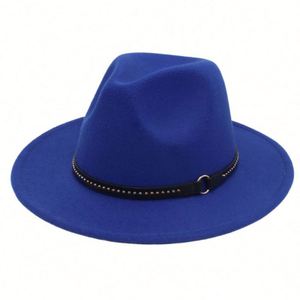 Chapeau Fedora en feutre synthétique de style européen et américain avec large bord et ceinture à rivets métalliques, accessoires de mode pour l'extérieur, chapeaux de cowboy - Product Image 2