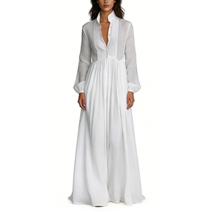 Vestido Maxi Blanco con Cuello Mandarín para Mujer - Manga Larga, Botones al Frente, Plisado, Estilo Boho, Ropa de Mujer, Vestidos de Moda - Product Image 1