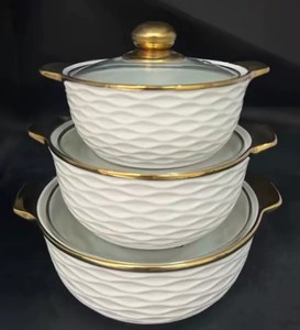 Bán buôn bộ nồi súp gốm sứ ba món mạ điện viền vàng nổi, hai quai cầm, kiểu dáng cổ điển, bền vững, nguồn gốc trực tiếp từ nhà máy - Product Image 3