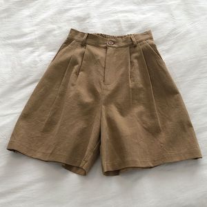 Japanese Retro Style Cotton Linen Shorts Women High Waisted Wide Leg Casual A <b>Line</b> Cropped <b>Pants</b> Khaki - Product Image 1